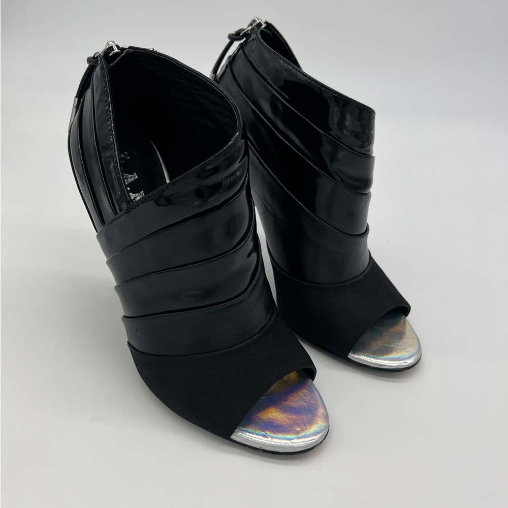 L.A.M.B.Black Patent Leather Open Toe Ankle Boots Silver Stiletto Heel Modern - Picture 8 of 13